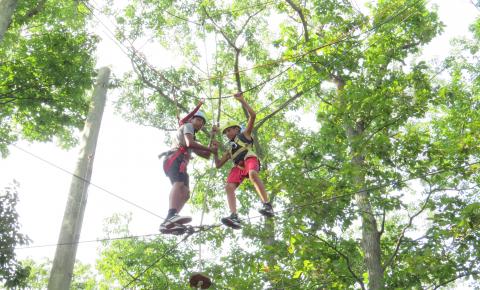 Campers conquering an obstacle on the ropes course